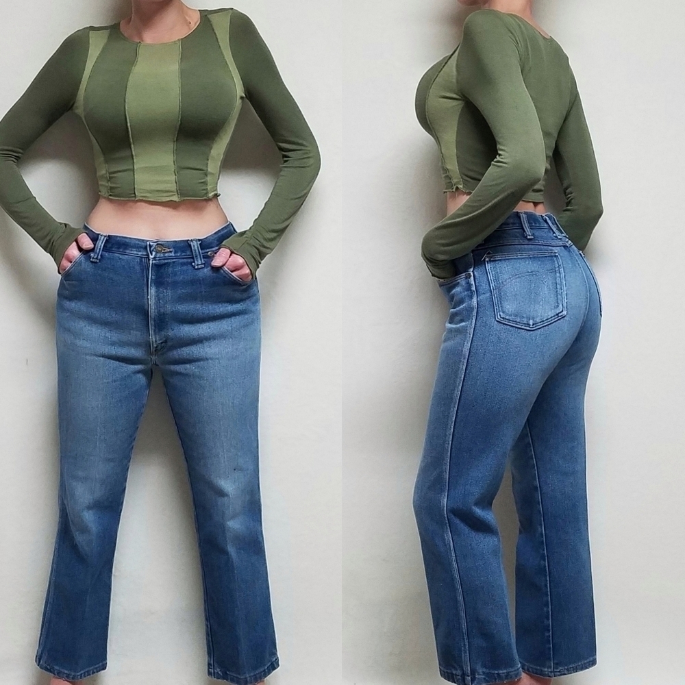 VINTAGE 70s Lee High Waisted Ankle Cropped Stretchy Straight Leg Denim Jeans